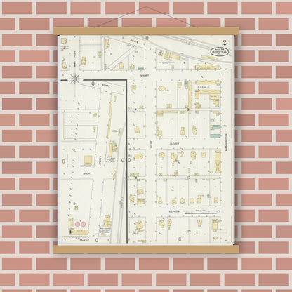 Old map wall art mockup — magnetic wood frame on brick wall — Sanborn Fire Insurance Map from Mansfield, Piatt County, Illinois (1898), Sheet #0002