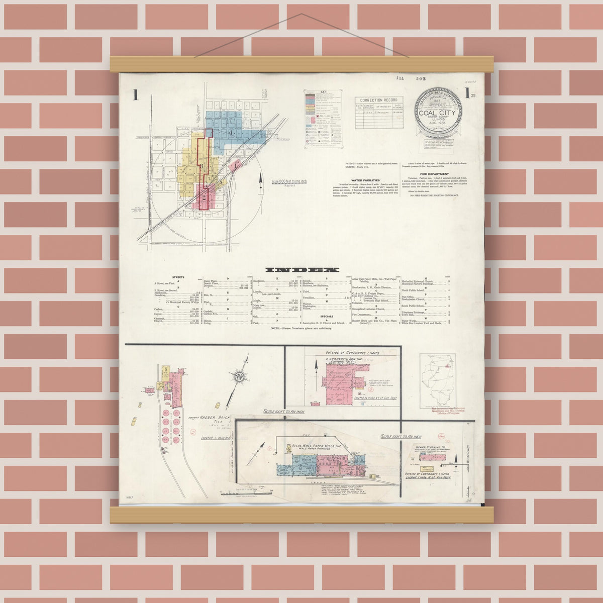 Old map wall art mockup — magnetic wood frame on brick wall — Sanborn Fire Insurance Map from Coal City, Grundy County, Illinois (1943) - Complete Map Set