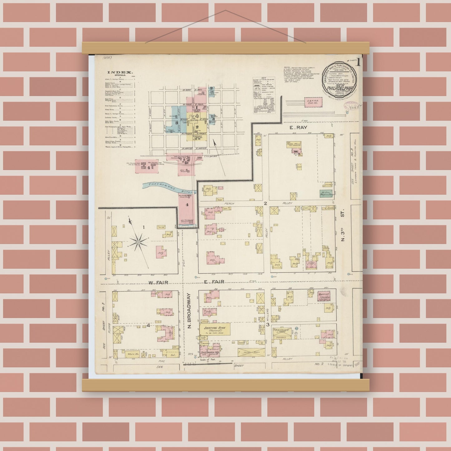 Old map wall art mockup — magnetic wood frame on brick wall — Sanborn Fire Insurance Map from New Philadelphia, Tuscarawas County, Ohio (1887) - Complete Map Set