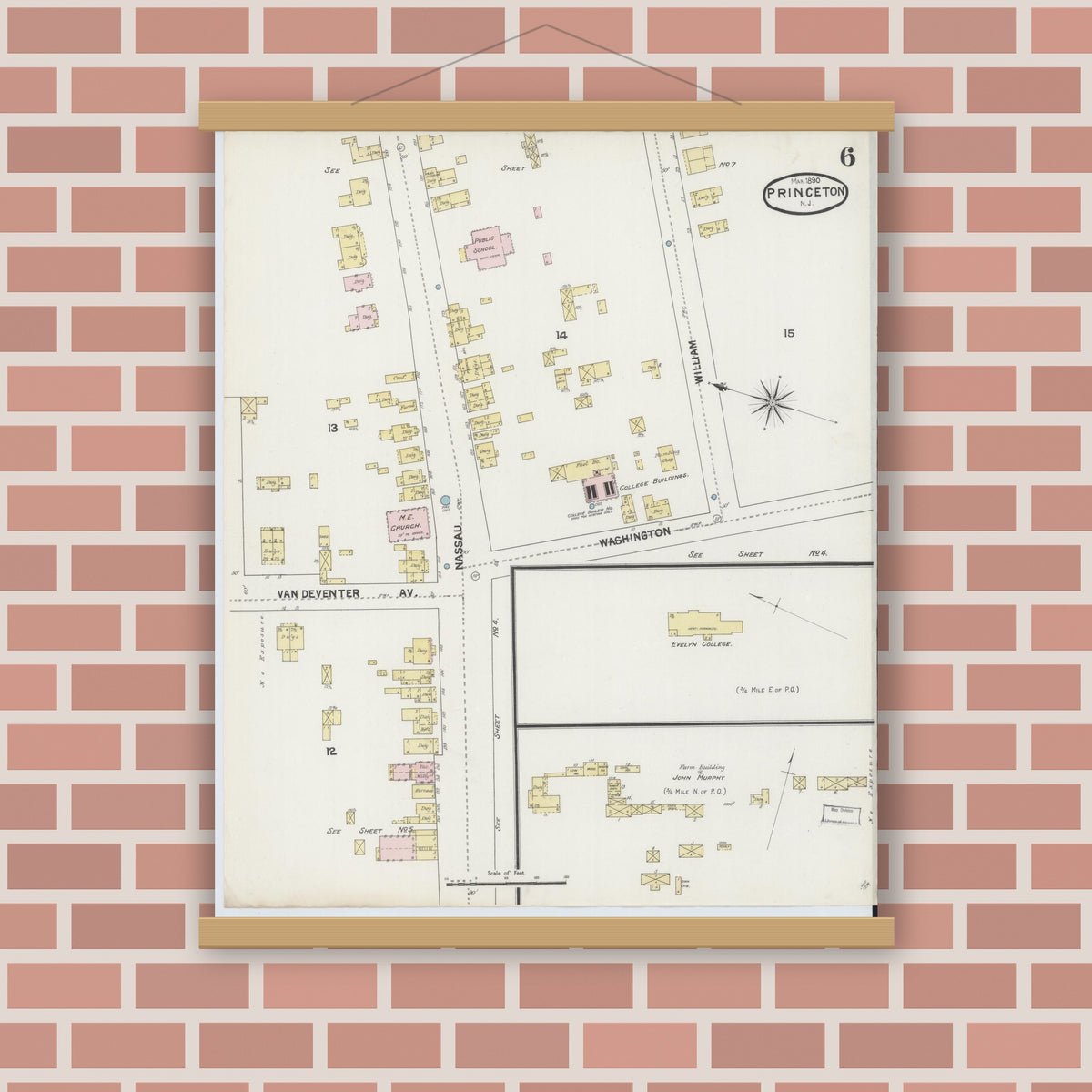 Old map wall art mockup — magnetic wood frame on brick wall — Sanborn Fire Insurance Map from Princeton, Mercer County, New Jersey (1890), Sheet #0006