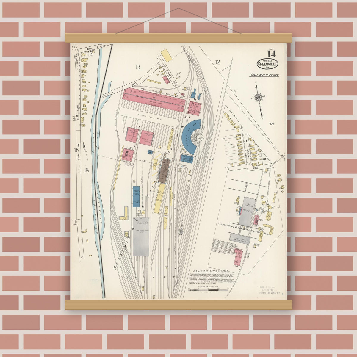 Old map wall art mockup — magnetic wood frame on brick wall — Sanborn Fire Insurance Map from Greenville, Mercer County, Pennsylvania (1922), Sheet #0014