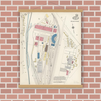 Old map wall art mockup — magnetic wood frame on brick wall — Sanborn Fire Insurance Map from Greenville, Mercer County, Pennsylvania (1922), Sheet #0014