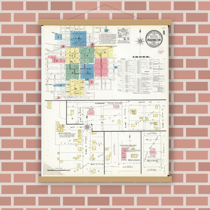 Old map wall art mockup — magnetic wood frame on brick wall — Sanborn Fire Insurance Map from Washington, Washington County, Iowa (1902), Sheet #0001