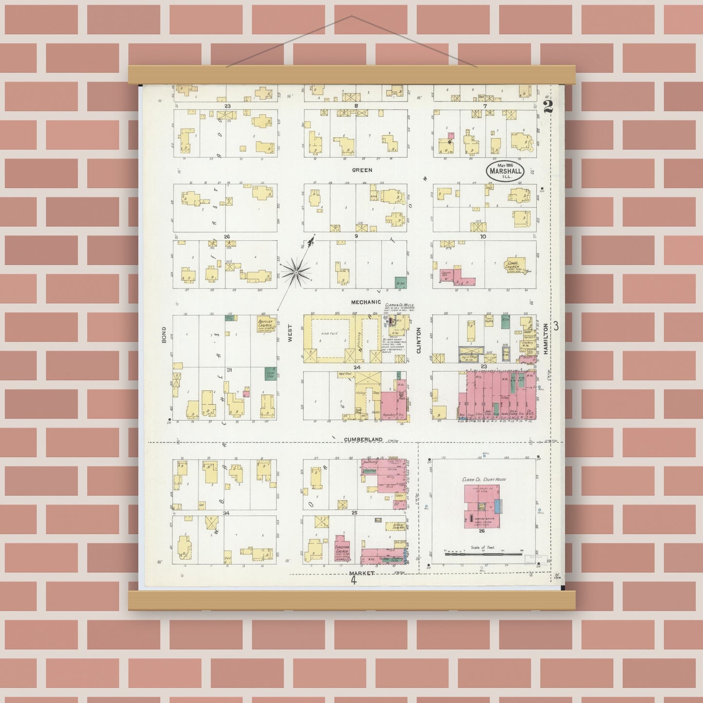 Old map wall art mockup — magnetic wood frame on brick wall — Sanborn Fire Insurance Map from Marshall, Clark County, Illinois (1906), Sheet #0002