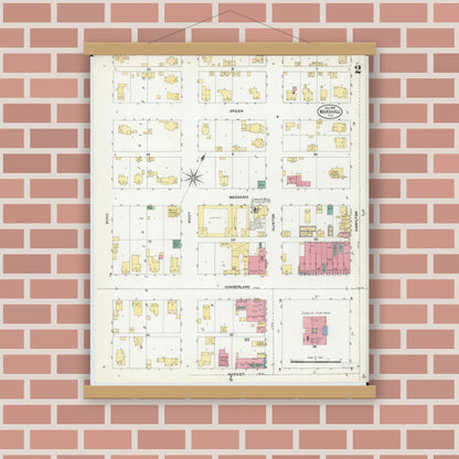 Old map wall art mockup — magnetic wood frame on brick wall — Sanborn Fire Insurance Map from Marshall, Clark County, Illinois (1906), Sheet #0002