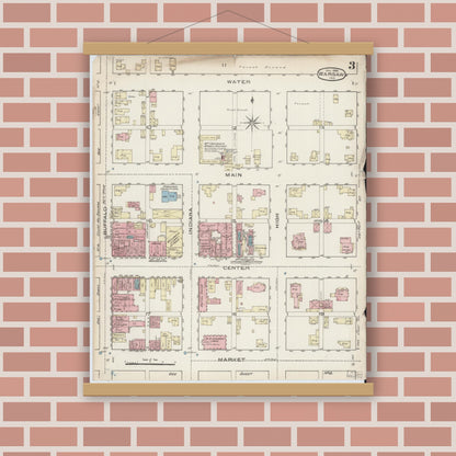 Old map wall art mockup — magnetic wood frame on brick wall — Sanborn Fire Insurance Map from Warsaw, Kosciusko County, Indiana (1886), Sheet #0003