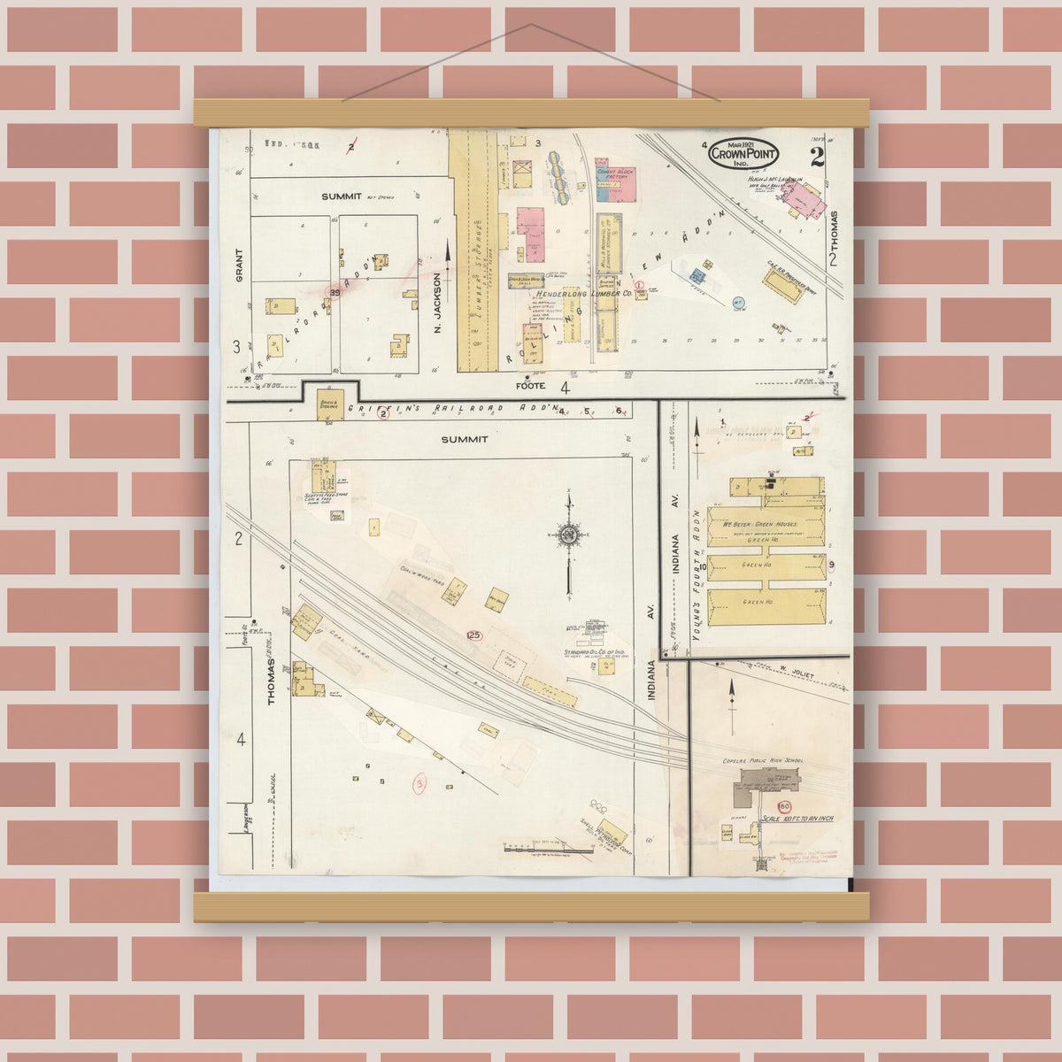 Old map wall art mockup — magnetic wood frame on brick wall — Sanborn Fire Insurance Map from Crown Point, Lake County, Indiana (1948), Sheet #0002