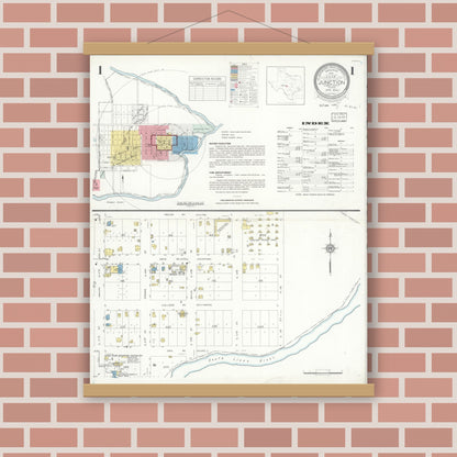 Old map wall art mockup — magnetic wood frame on brick wall — Sanborn Fire Insurance Map from Junction, Kimble County, Texas (1933), Sheet #0001