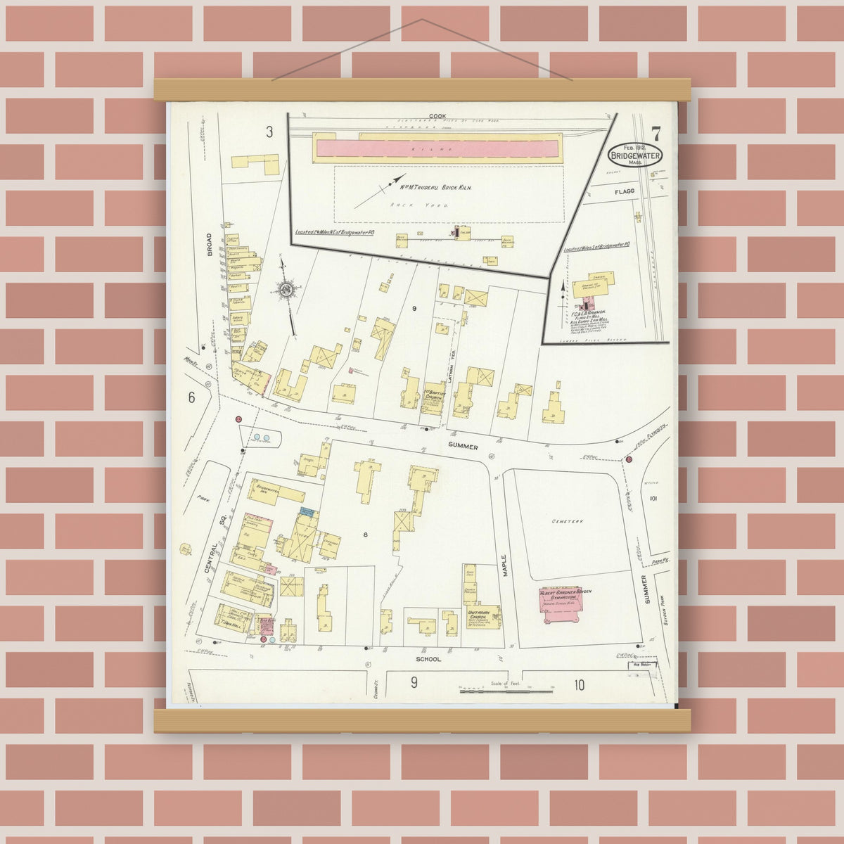 Old map wall art mockup — magnetic wood frame on brick wall — Sanborn Fire Insurance Map from Bridgewater, Plymouth County, Massachusetts (1912), Sheet #0007