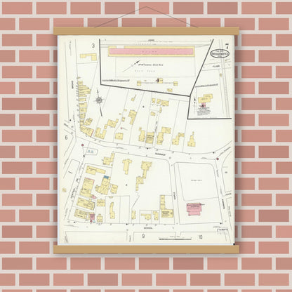 Old map wall art mockup — magnetic wood frame on brick wall — Sanborn Fire Insurance Map from Bridgewater, Plymouth County, Massachusetts (1912), Sheet #0007