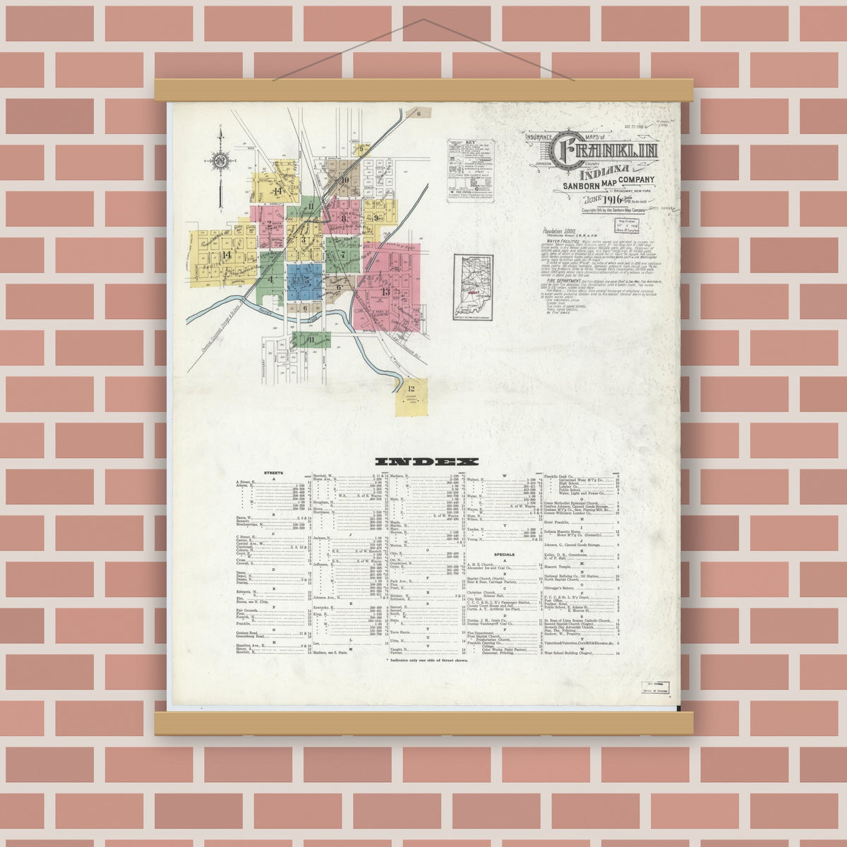 Old map wall art mockup — magnetic wood frame on brick wall — Sanborn Fire Insurance Map from Franklin, Johnson County, Indiana (1916), Sheet #0001