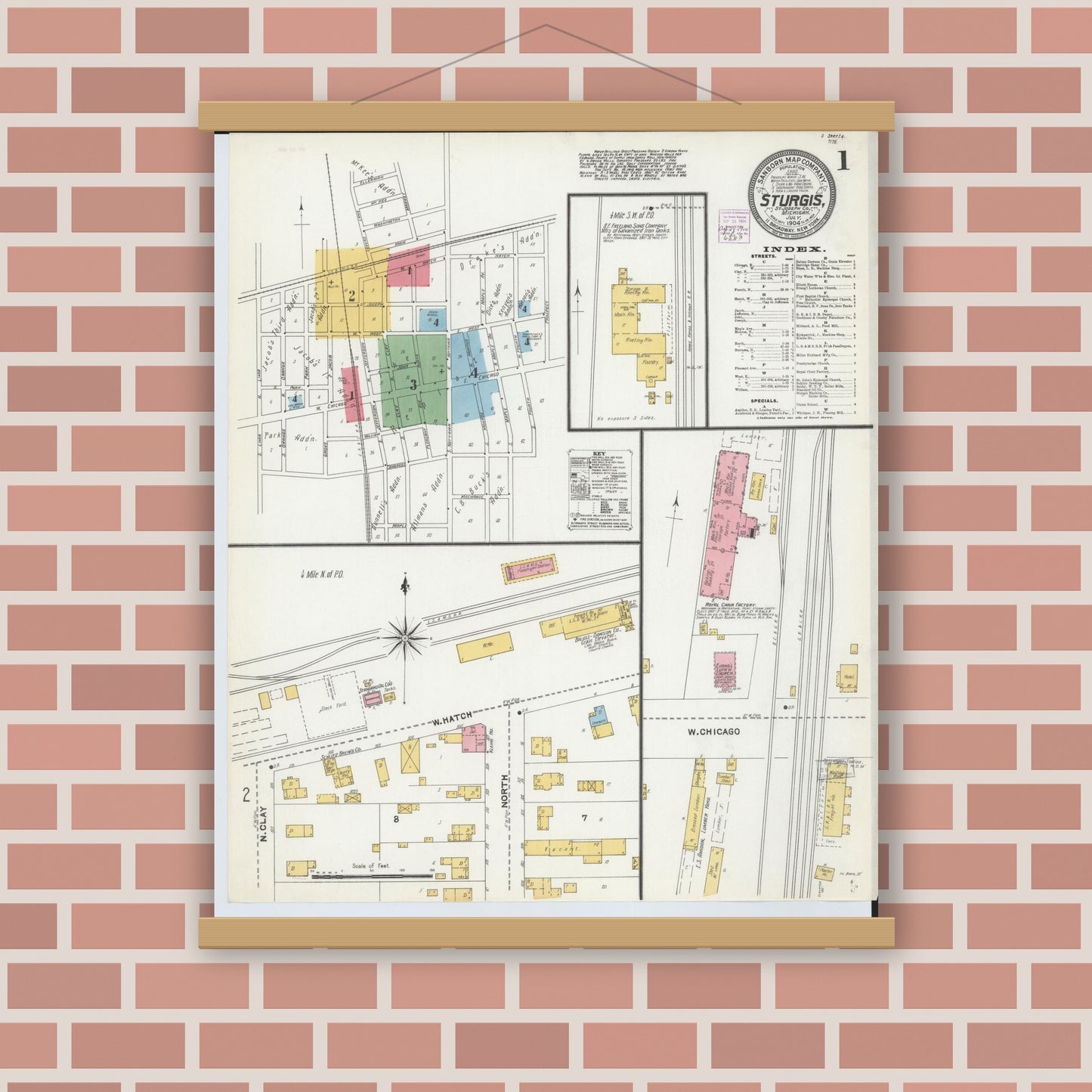 Old map wall art mockup — magnetic wood frame on brick wall — Sanborn Fire Insurance Map from Sturgis, Saint Joseph County, Michigan (1904), Sheet #0001