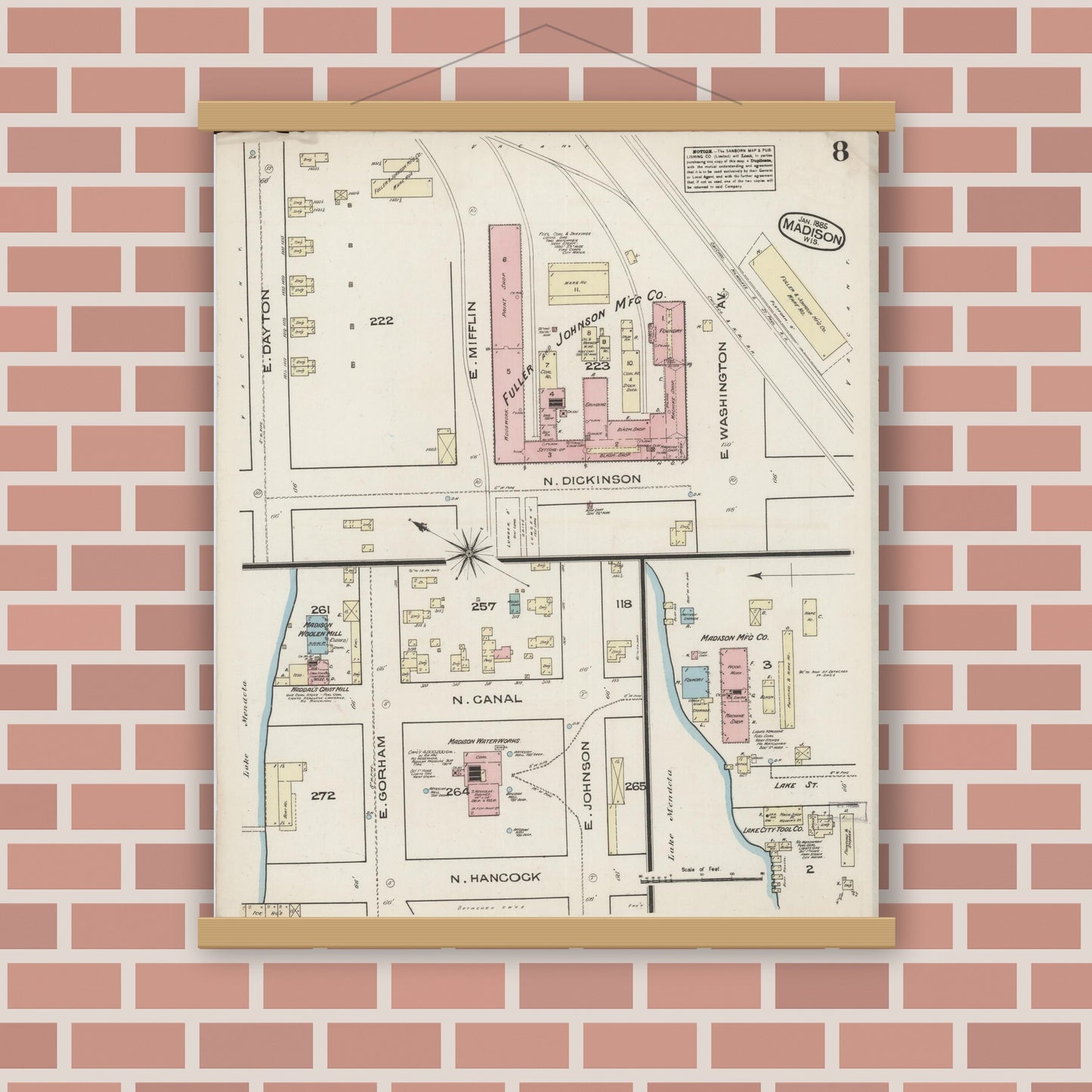 Old map wall art mockup — magnetic wood frame on brick wall — Sanborn Fire Insurance Map from Madison, Dane County, Wisconsin (1885), Sheet #0008