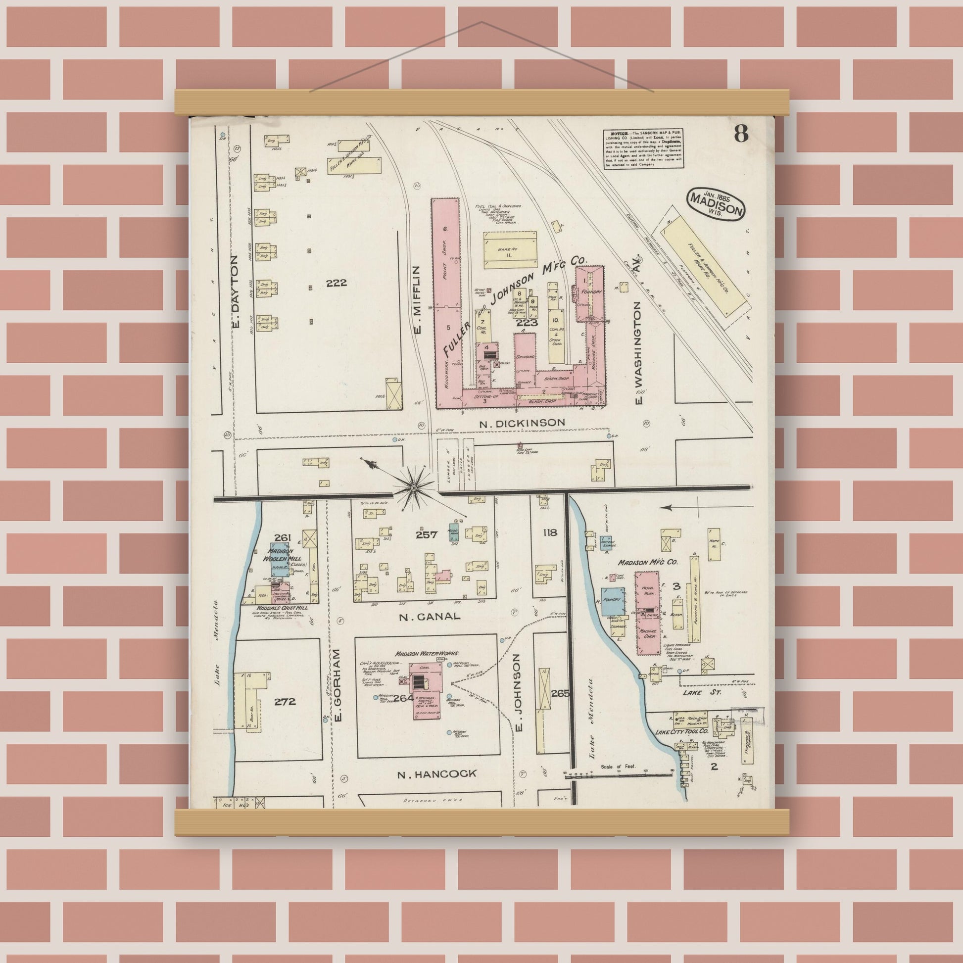 Old map wall art mockup — magnetic wood frame on brick wall — Sanborn Fire Insurance Map from Madison, Dane County, Wisconsin (1885), Sheet #0008