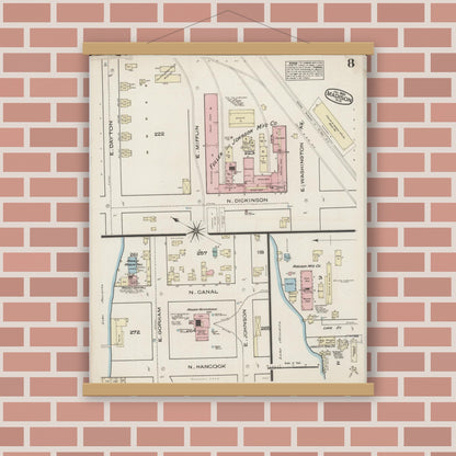 Old map wall art mockup — magnetic wood frame on brick wall — Sanborn Fire Insurance Map from Madison, Dane County, Wisconsin (1885), Sheet #0008