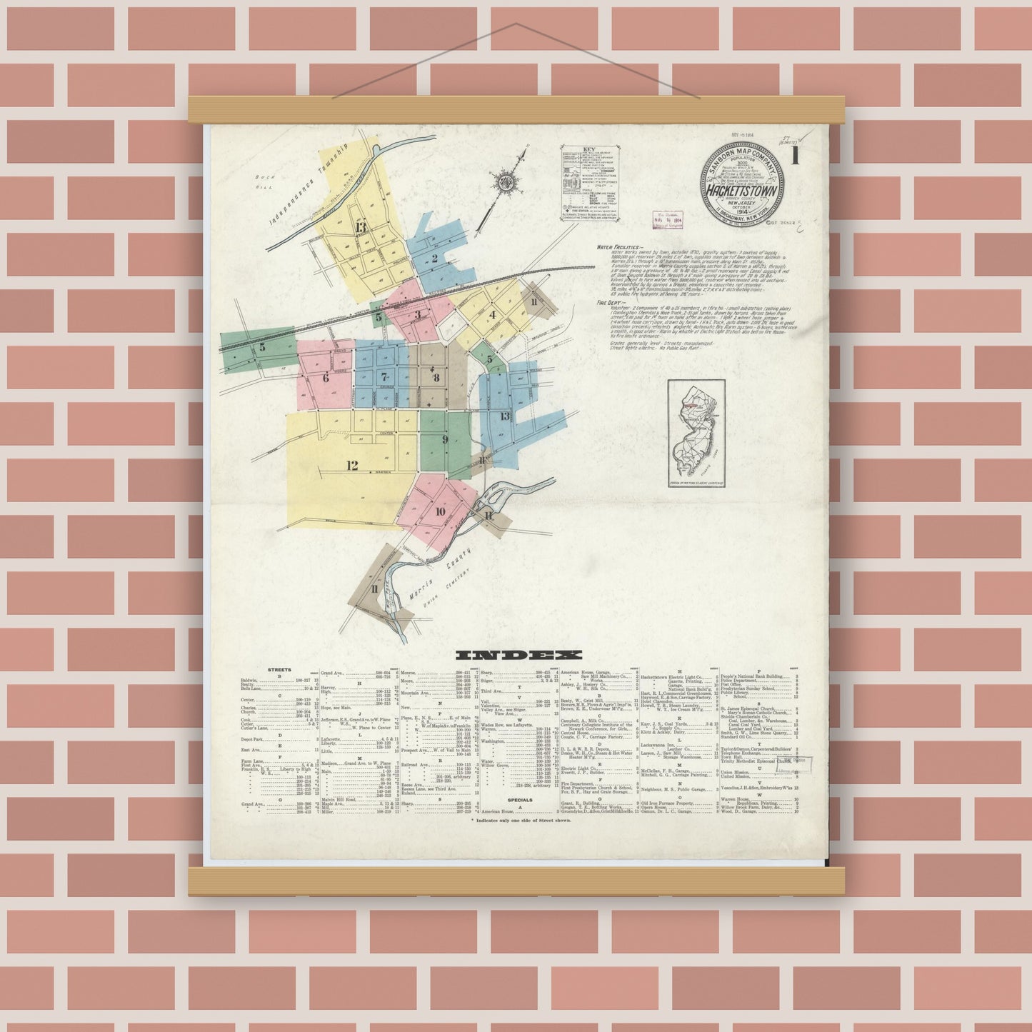 Old map wall art mockup — magnetic wood frame on brick wall — Sanborn Fire Insurance Map from Hackettstown, Warren County, New Jersey (1914) - Complete Map Set