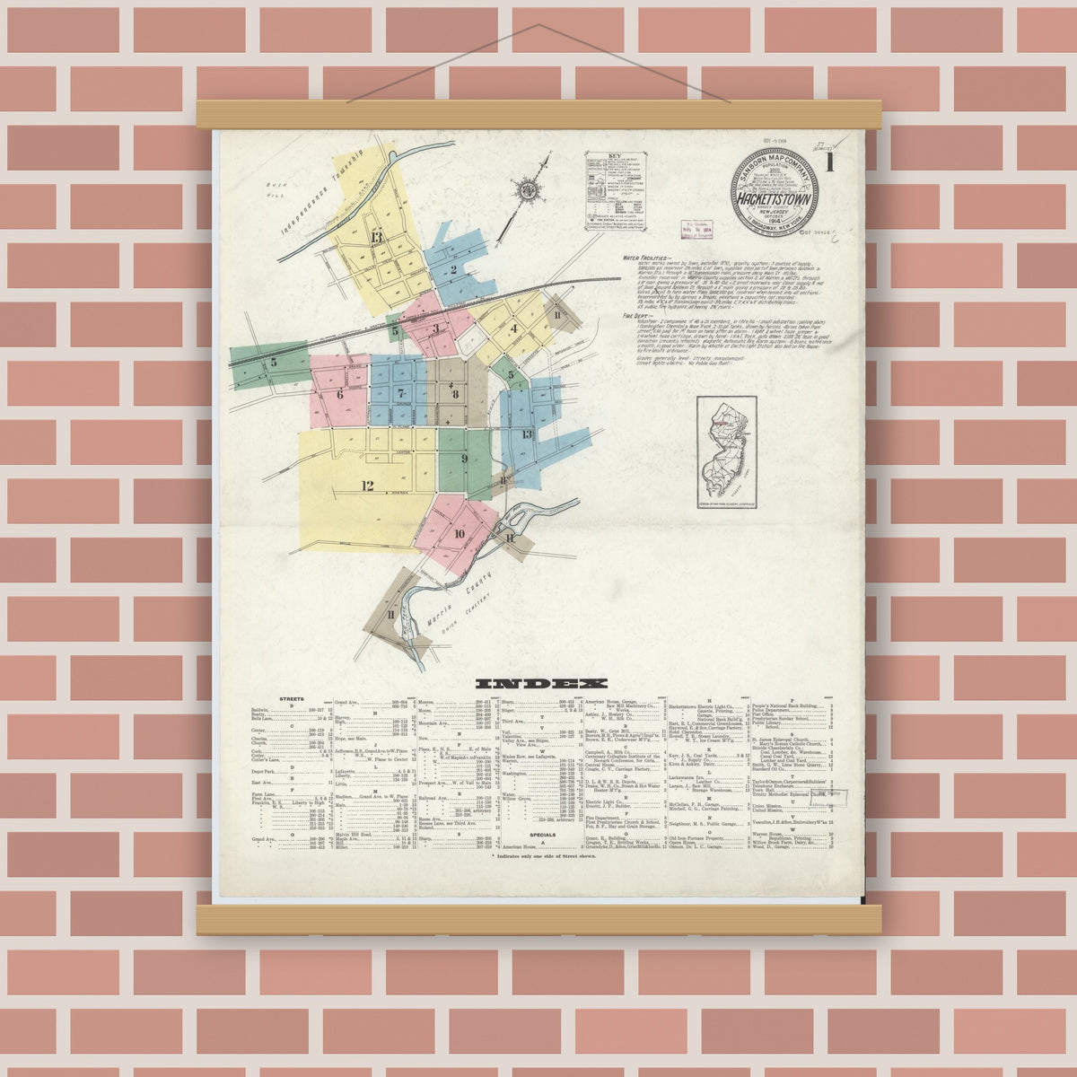 Old map wall art mockup — magnetic wood frame on brick wall — Sanborn Fire Insurance Map from Hackettstown, Warren County, New Jersey (1914) - Complete Map Set