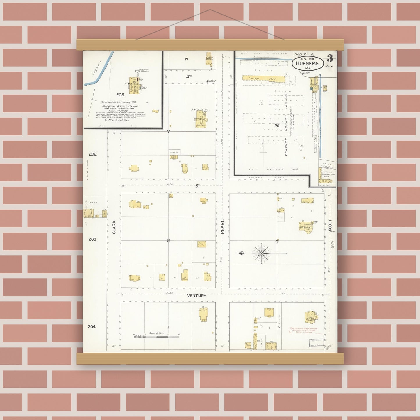 Old map wall art mockup — magnetic wood frame on brick wall — Sanborn Fire Insurance Map from Hueneme, Ventura County, California (1895), Sheet #0003
