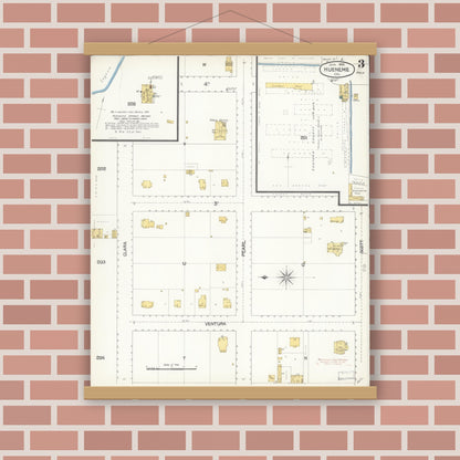 Old map wall art mockup — magnetic wood frame on brick wall — Sanborn Fire Insurance Map from Hueneme, Ventura County, California (1895), Sheet #0003