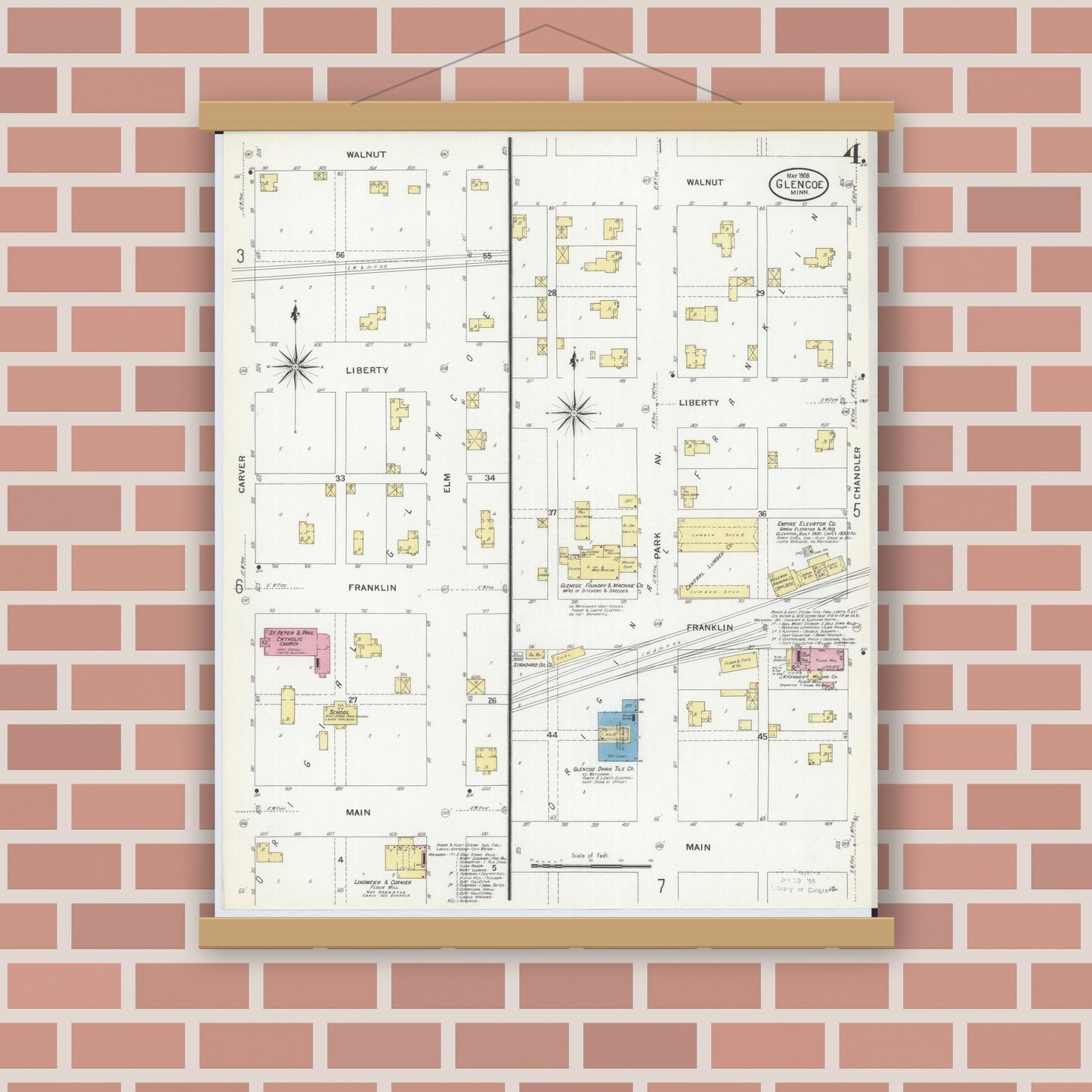 Old map wall art mockup — magnetic wood frame on brick wall — Sanborn Fire Insurance Map from Glencoe, Mcleod County, Minnesota (1908), Sheet #0004