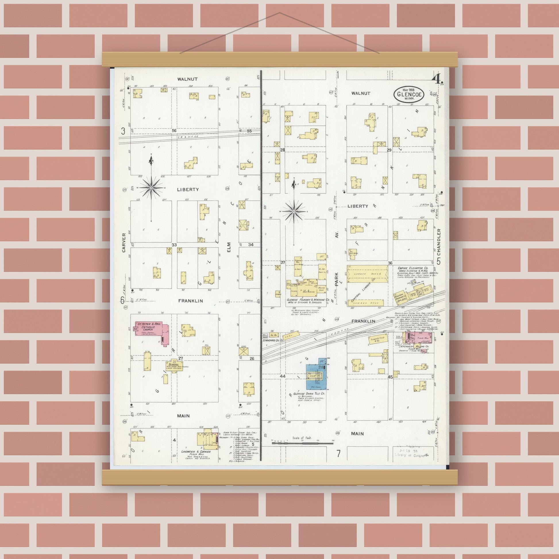 Old map wall art mockup — magnetic wood frame on brick wall — Sanborn Fire Insurance Map from Glencoe, Mcleod County, Minnesota (1908), Sheet #0004