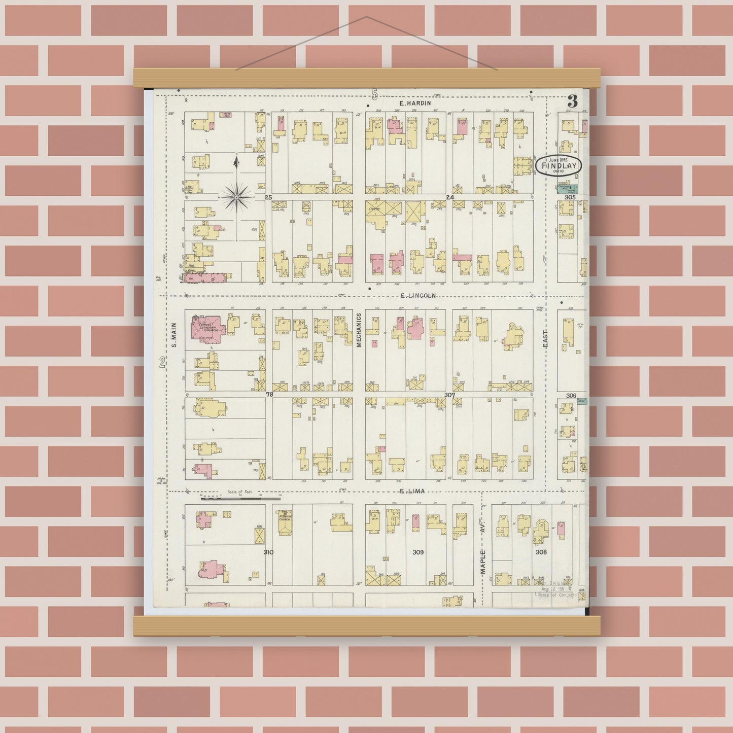 Old map wall art mockup — magnetic wood frame on brick wall — Sanborn Fire Insurance Map from Findlay, Hancock County, Ohio (1895), Sheet #0003