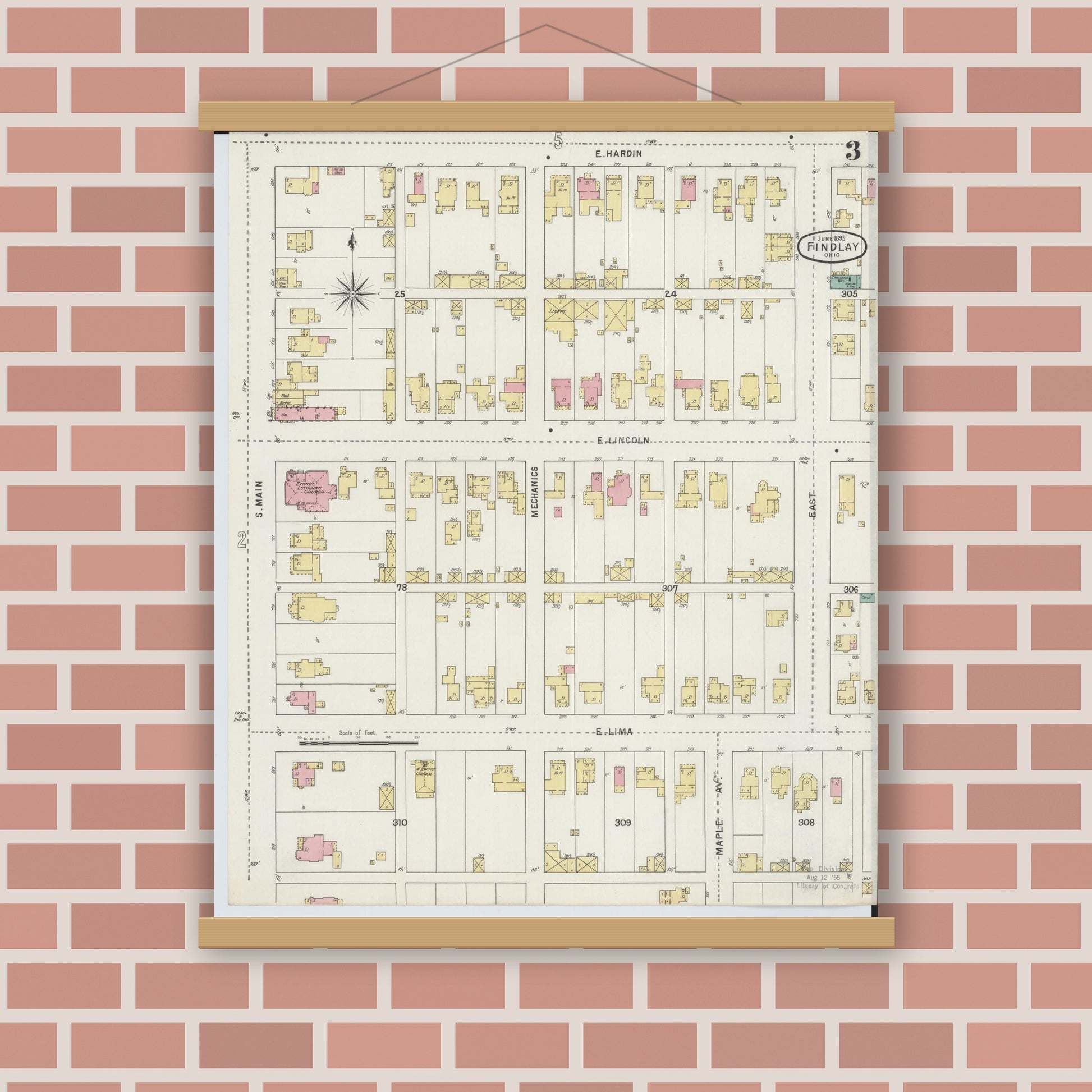 Old map wall art mockup — magnetic wood frame on brick wall — Sanborn Fire Insurance Map from Findlay, Hancock County, Ohio (1895), Sheet #0003