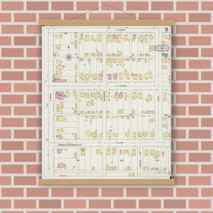 Old map wall art mockup — magnetic wood frame on brick wall — Sanborn Fire Insurance Map from Findlay, Hancock County, Ohio (1895), Sheet #0003