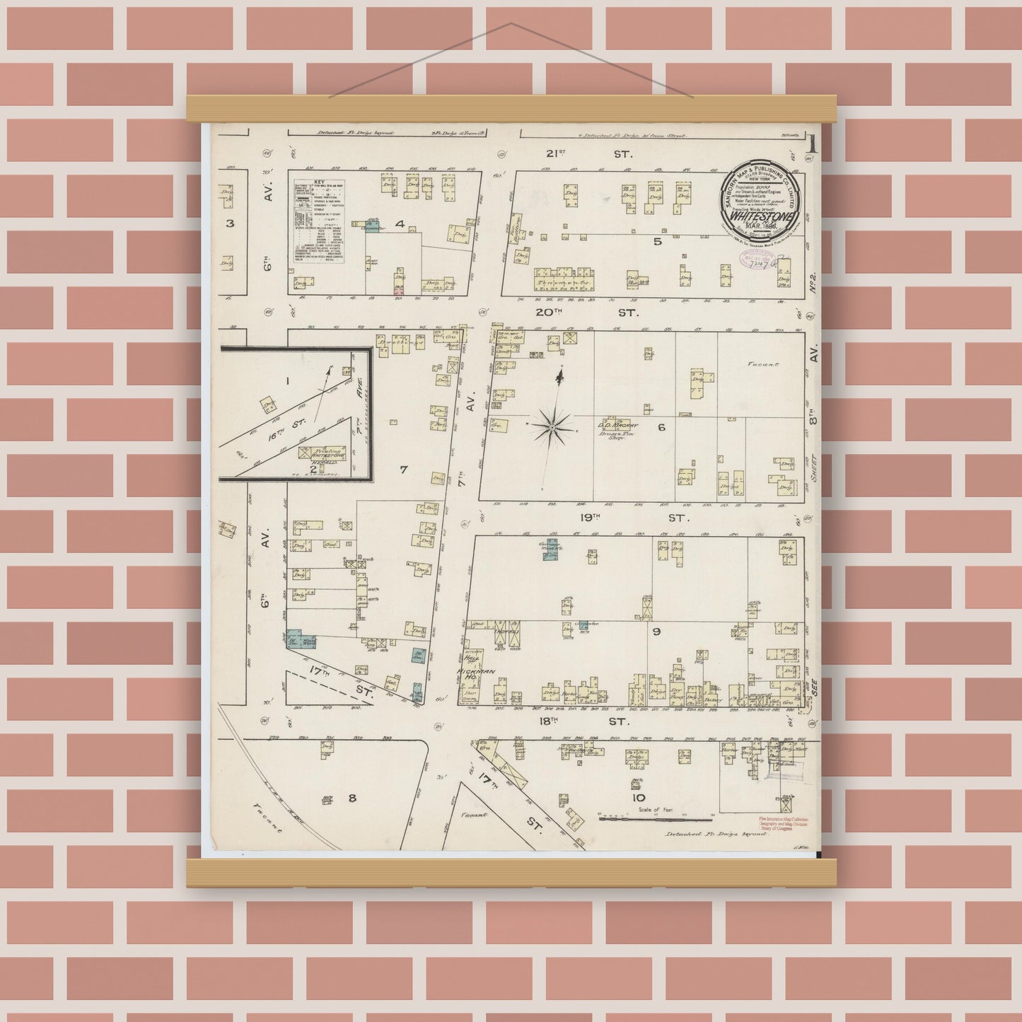 Old map wall art mockup — magnetic wood frame on brick wall — Sanborn Fire Insurance Map from Whitestone, Queens County, New York (1886), Sheet #0001