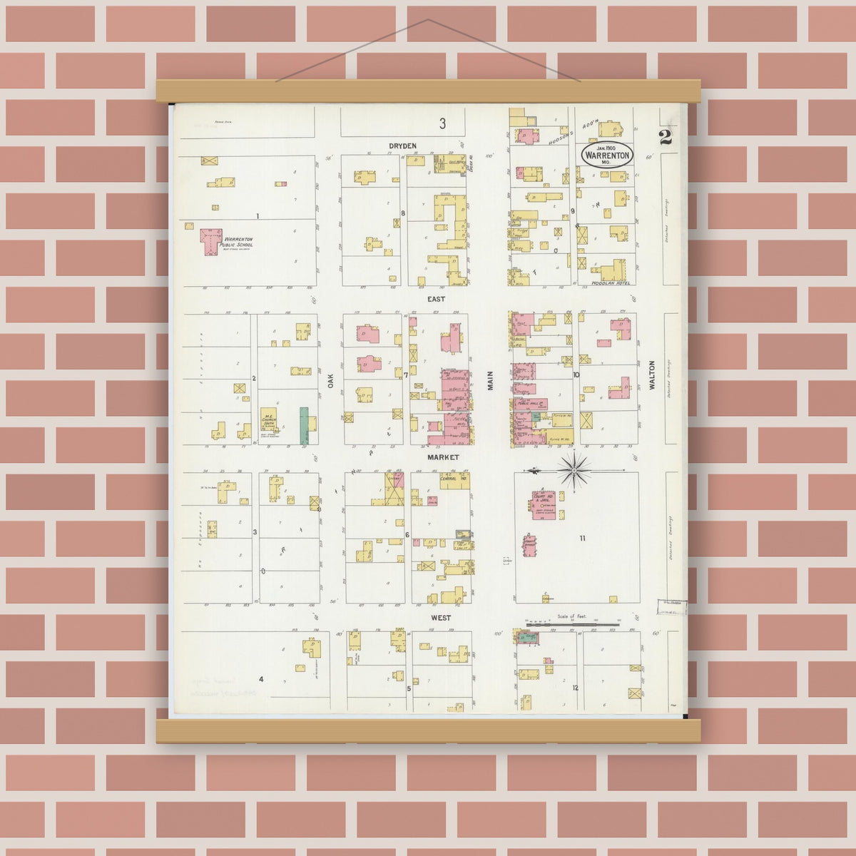 Old map wall art mockup — magnetic wood frame on brick wall — Sanborn Fire Insurance Map from Warrenton, Warren County, Missouri (1900), Sheet #0002