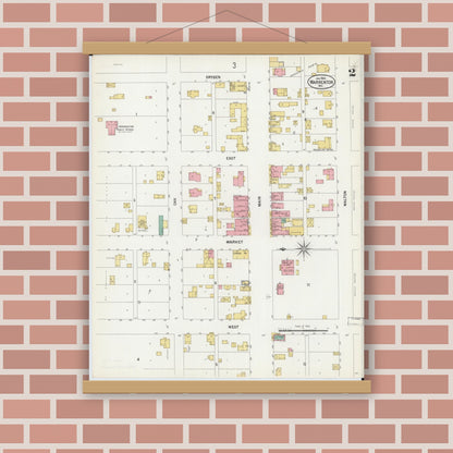 Old map wall art mockup — magnetic wood frame on brick wall — Sanborn Fire Insurance Map from Warrenton, Warren County, Missouri (1900), Sheet #0002