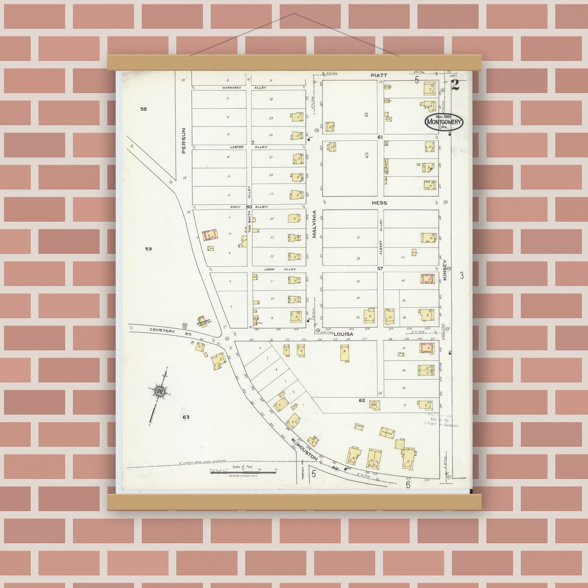 Old map wall art mockup — magnetic wood frame on brick wall — Sanborn Fire Insurance Map from Montgomery, Lycoming County, Pennsylvania (1920), Sheet #0002