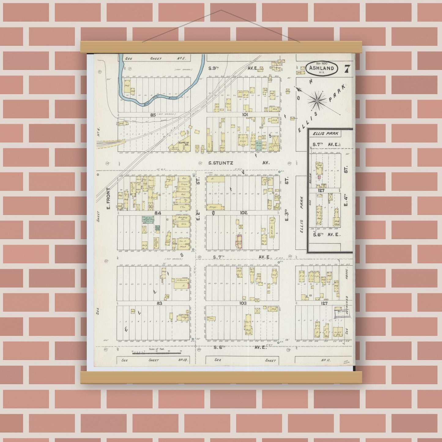 Old map wall art mockup — magnetic wood frame on brick wall — Sanborn Fire Insurance Map from Ashland, Ashland County, Wisconsin (1890), Sheet #0007
