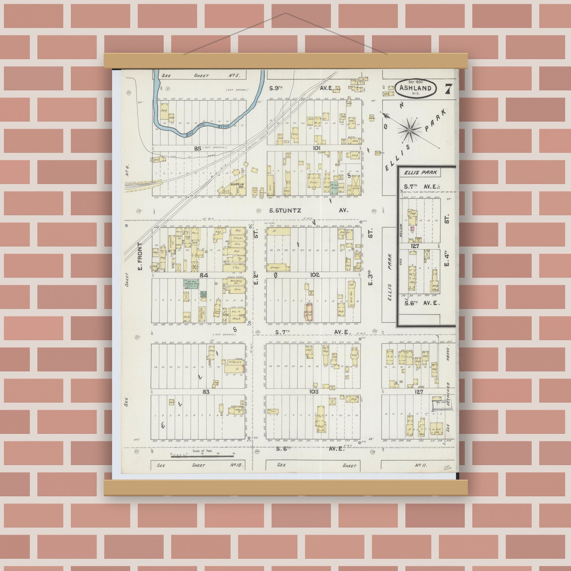 Old map wall art mockup — magnetic wood frame on brick wall — Sanborn Fire Insurance Map from Ashland, Ashland County, Wisconsin (1890), Sheet #0007