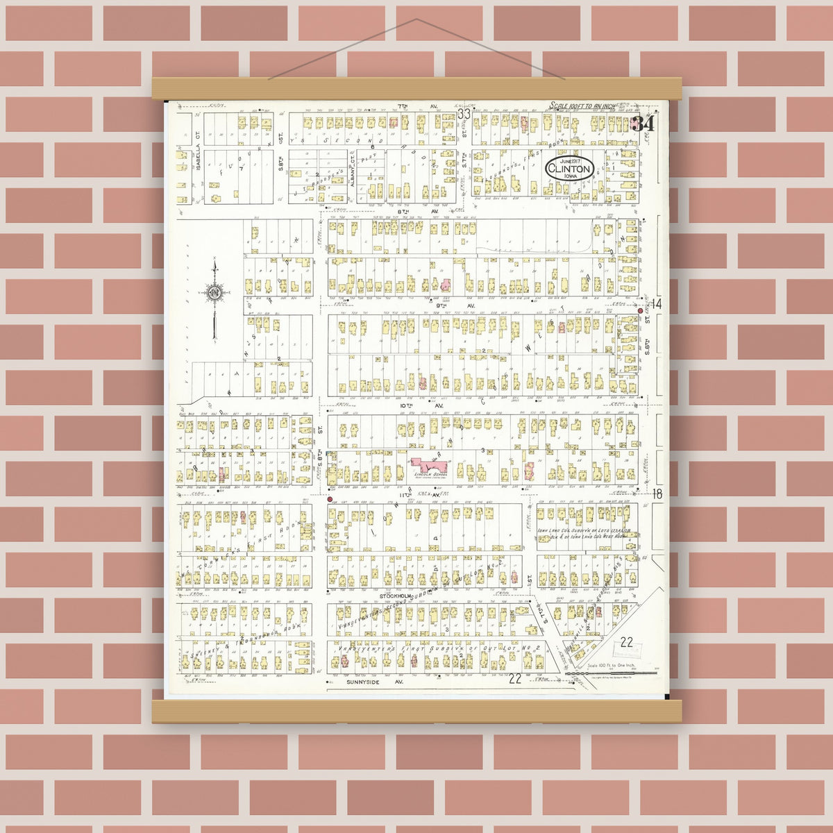 Old map wall art mockup — magnetic wood frame on brick wall — Sanborn Fire Insurance Map from Clinton, Clinton County, Iowa (1917), Sheet #0034