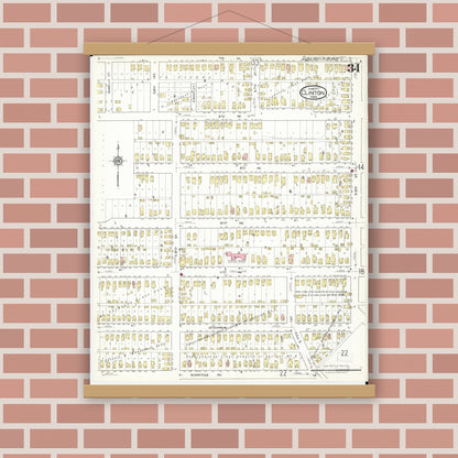 Old map wall art mockup — magnetic wood frame on brick wall — Sanborn Fire Insurance Map from Clinton, Clinton County, Iowa (1917), Sheet #0034