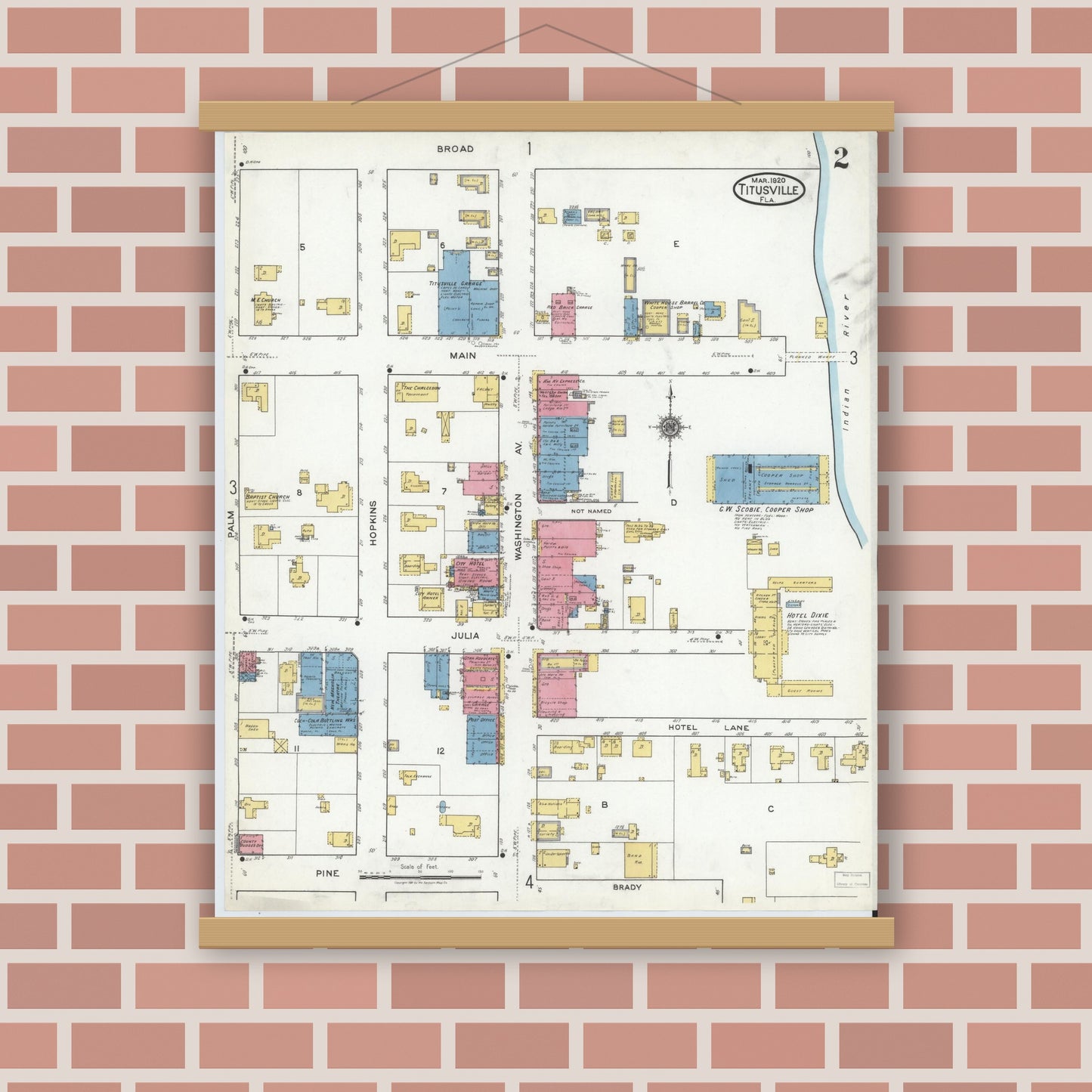 Old map wall art mockup — magnetic wood frame on brick wall — Sanborn Fire Insurance Map from Titusville, Brevard County, Florida (1920), Sheet #0002