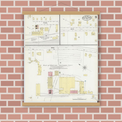 Old map wall art mockup — magnetic wood frame on brick wall — Sanborn Fire Insurance Map from Port Allegany, McKean County, Pennsylvania (1892), Sheet #0003