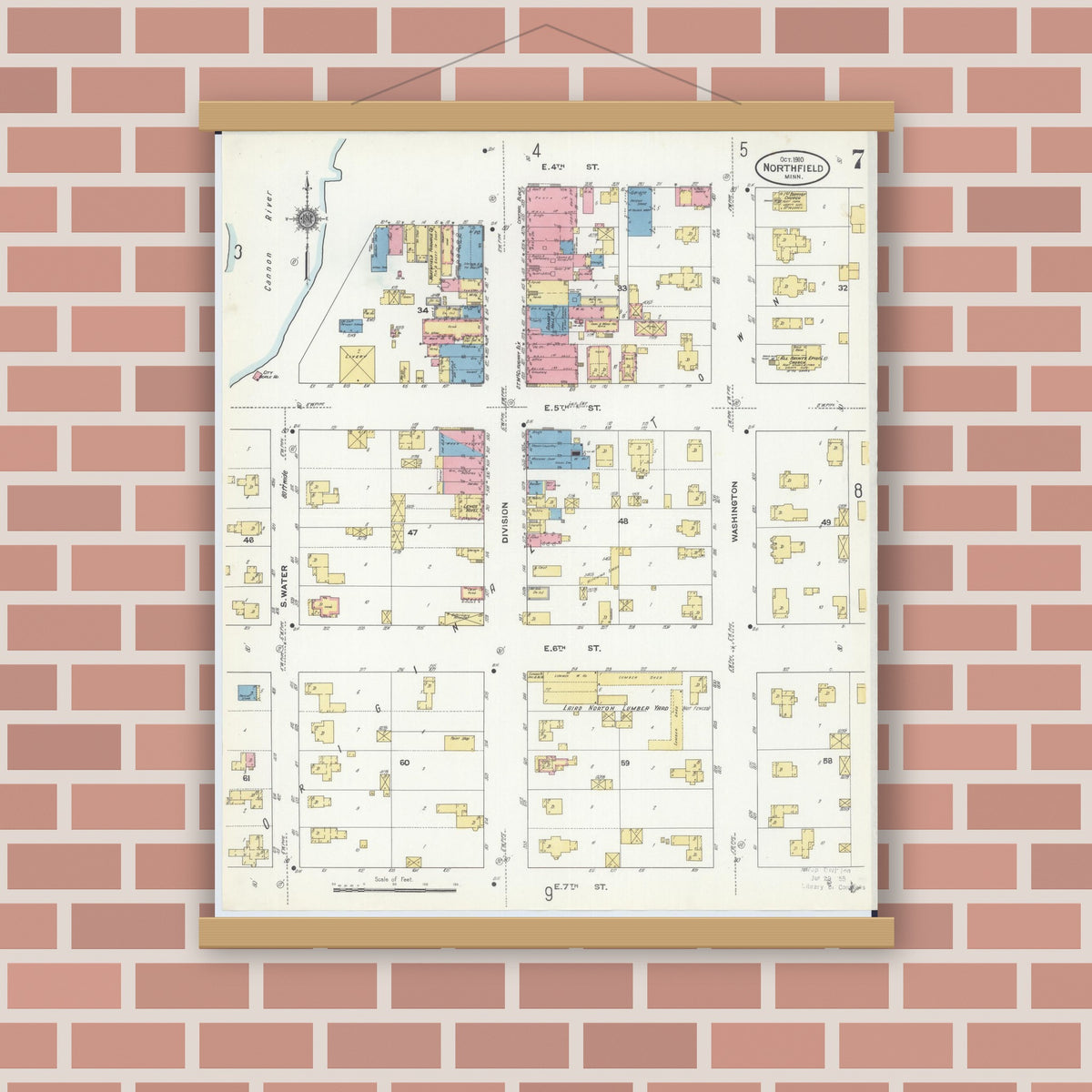 Old map wall art mockup — magnetic wood frame on brick wall — Sanborn Fire Insurance Map from Northfield, Rice County, Minnesota (1910), Sheet #0007
