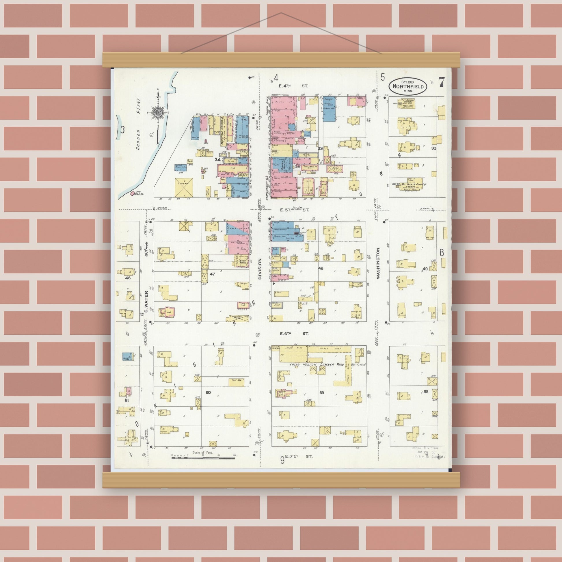 Old map wall art mockup — magnetic wood frame on brick wall — Sanborn Fire Insurance Map from Northfield, Rice County, Minnesota (1910), Sheet #0007