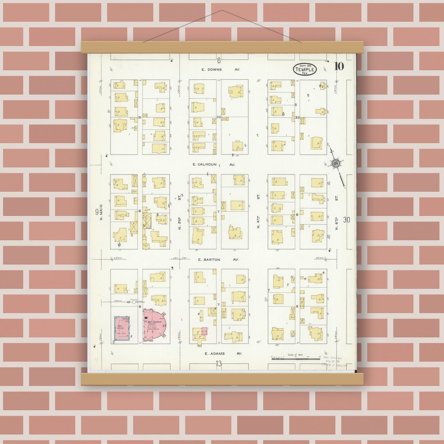 Old map wall art mockup — magnetic wood frame on brick wall — Sanborn Fire Insurance Map from Temple, Bell County, Texas (1915), Sheet #0010