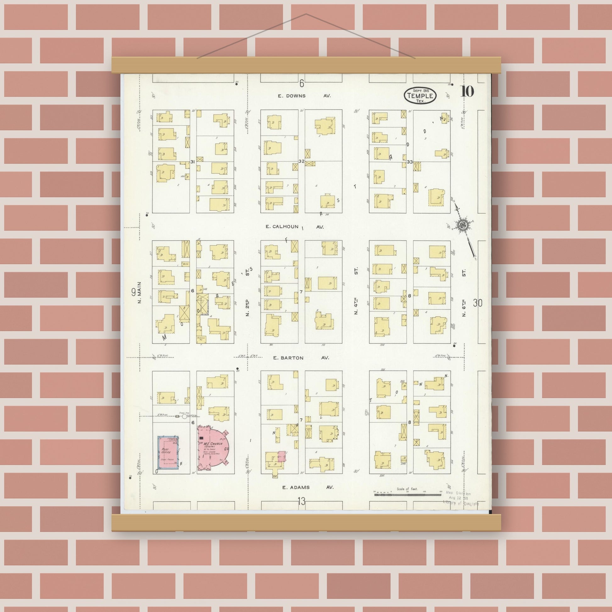 Old map wall art mockup — magnetic wood frame on brick wall — Sanborn Fire Insurance Map from Temple, Bell County, Texas (1915), Sheet #0010