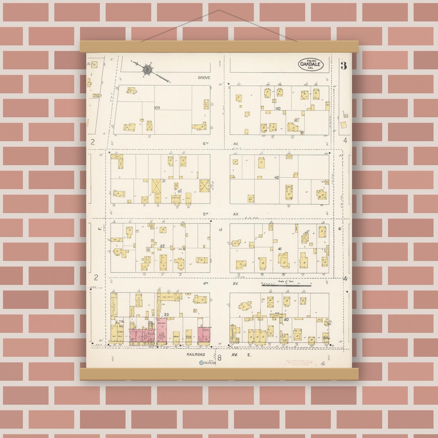 Old map wall art mockup — magnetic wood frame on brick wall — Sanborn Fire Insurance Map from Oakdale, Stanislaus County, California (1912), Sheet #0003