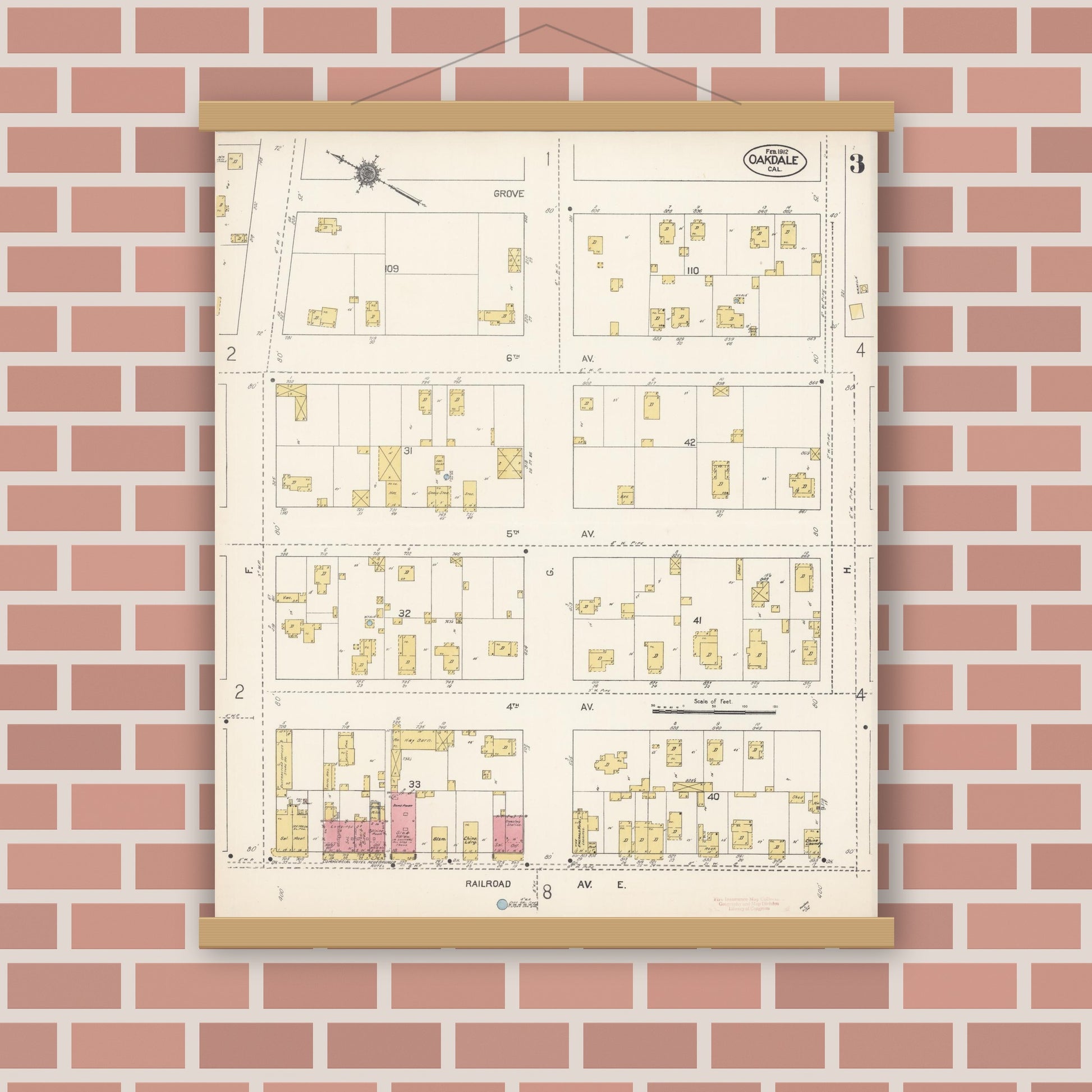 Old map wall art mockup — magnetic wood frame on brick wall — Sanborn Fire Insurance Map from Oakdale, Stanislaus County, California (1912), Sheet #0003