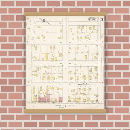 Old map wall art mockup — magnetic wood frame on brick wall — Sanborn Fire Insurance Map from Oakdale, Stanislaus County, California (1912), Sheet #0003