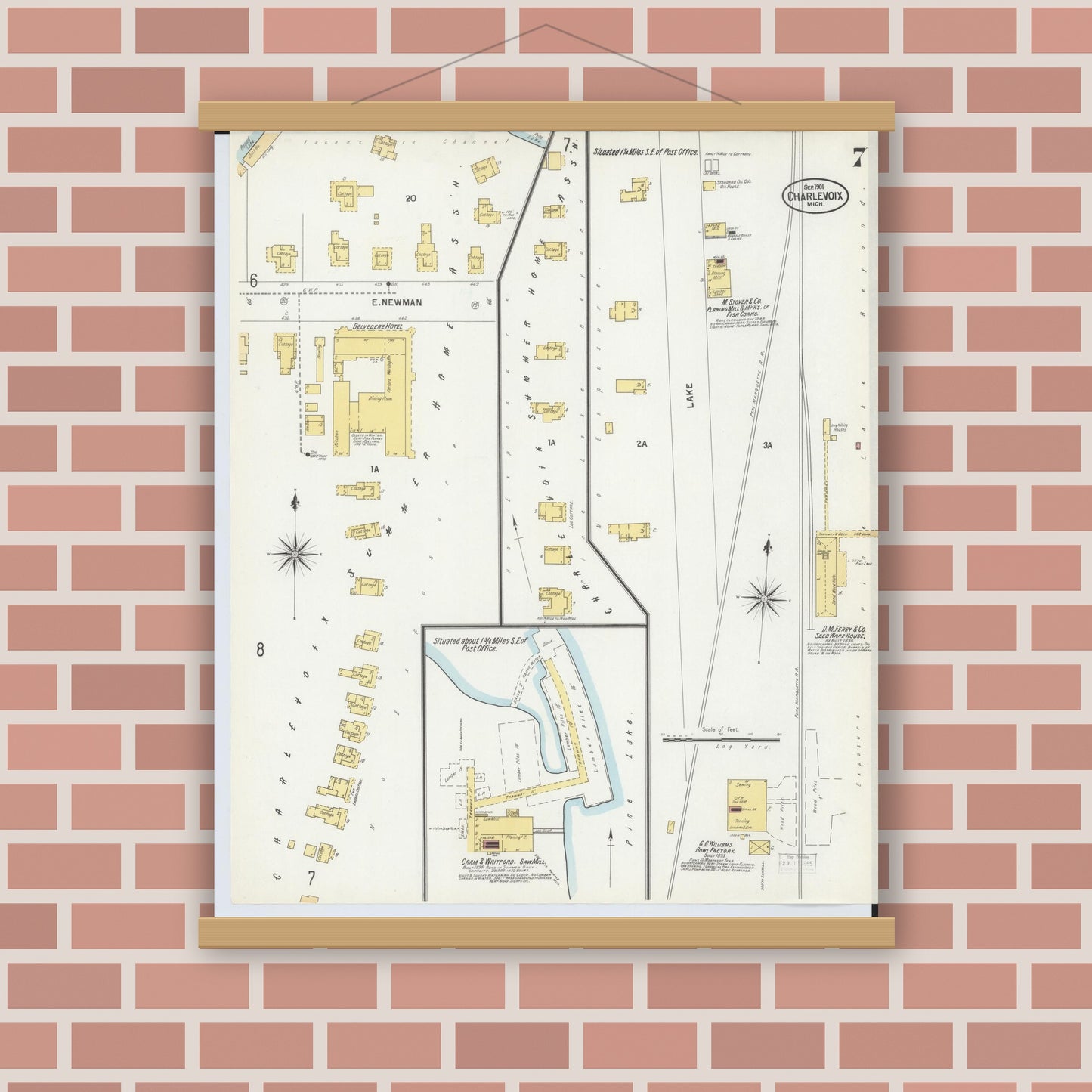 Old map wall art mockup — magnetic wood frame on brick wall — Sanborn Fire Insurance Map from Charlevoix, Charlevoix County, Michigan (1901), Sheet #0007