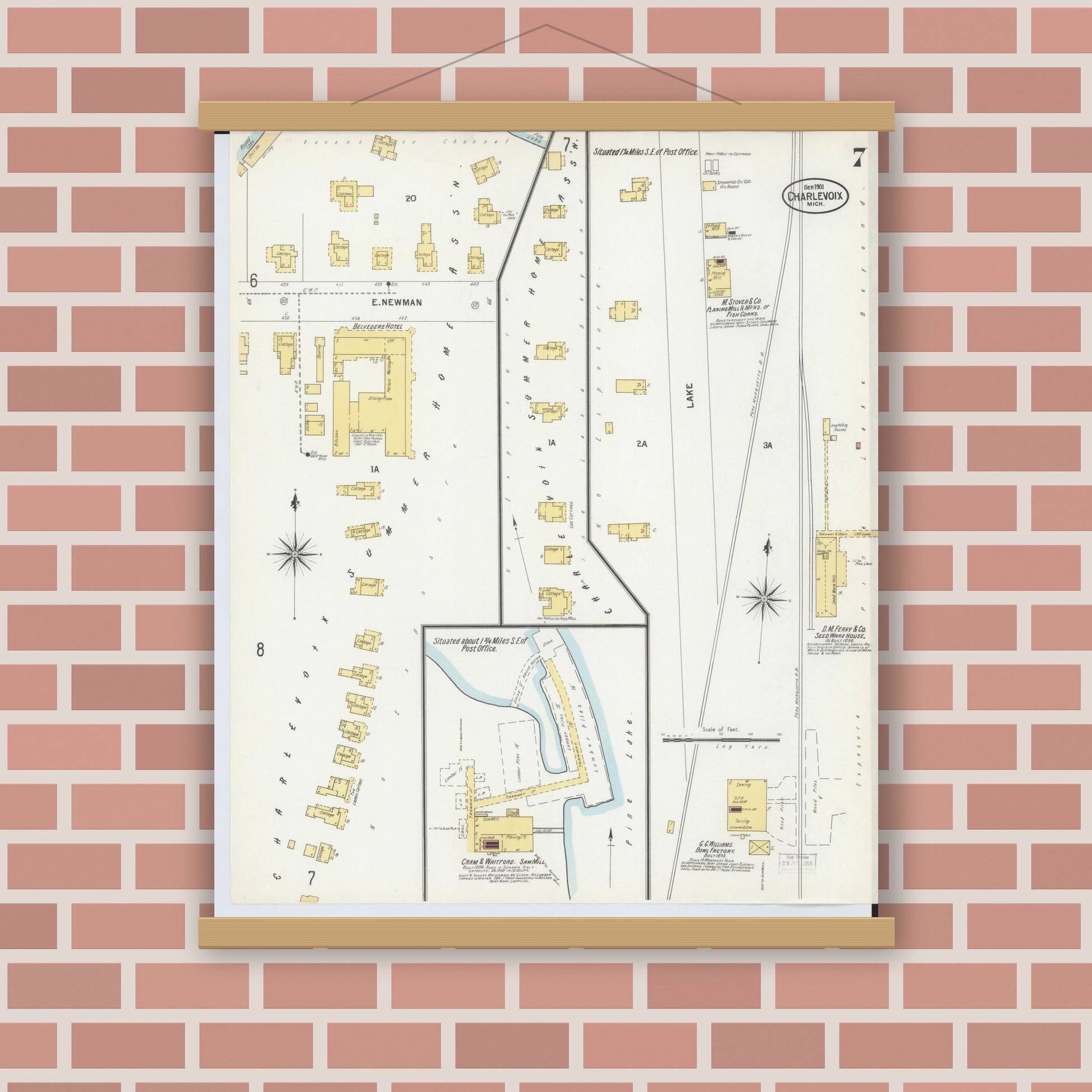 Old map wall art mockup — magnetic wood frame on brick wall — Sanborn Fire Insurance Map from Charlevoix, Charlevoix County, Michigan (1901), Sheet #0007