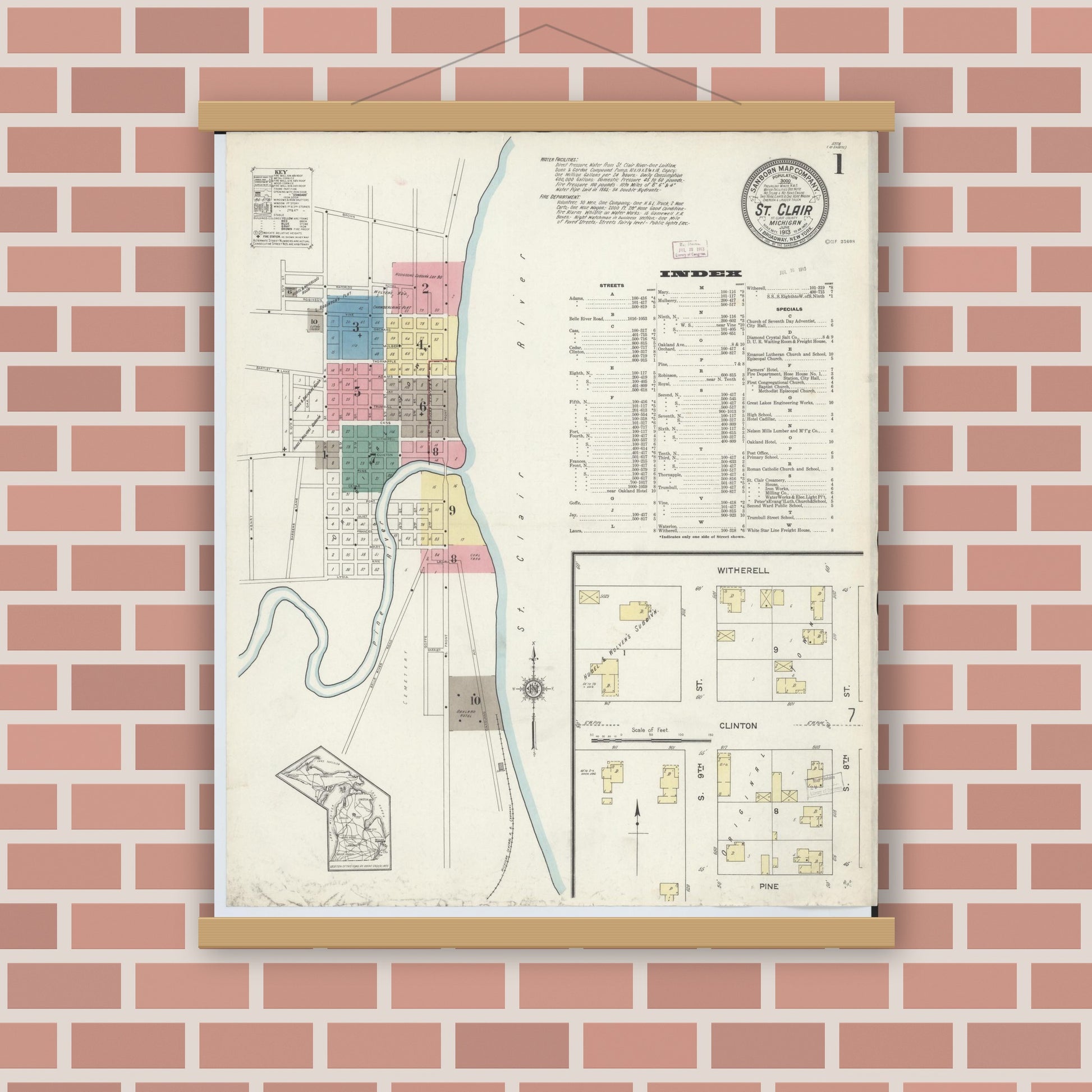 Old map wall art mockup — magnetic wood frame on brick wall — Sanborn Fire Insurance Map from Saint Clair, Saint Clair County, Michigan (1913) - Complete Map Set