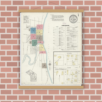 Old map wall art mockup — magnetic wood frame on brick wall — Sanborn Fire Insurance Map from Saint Clair, Saint Clair County, Michigan (1913) - Complete Map Set