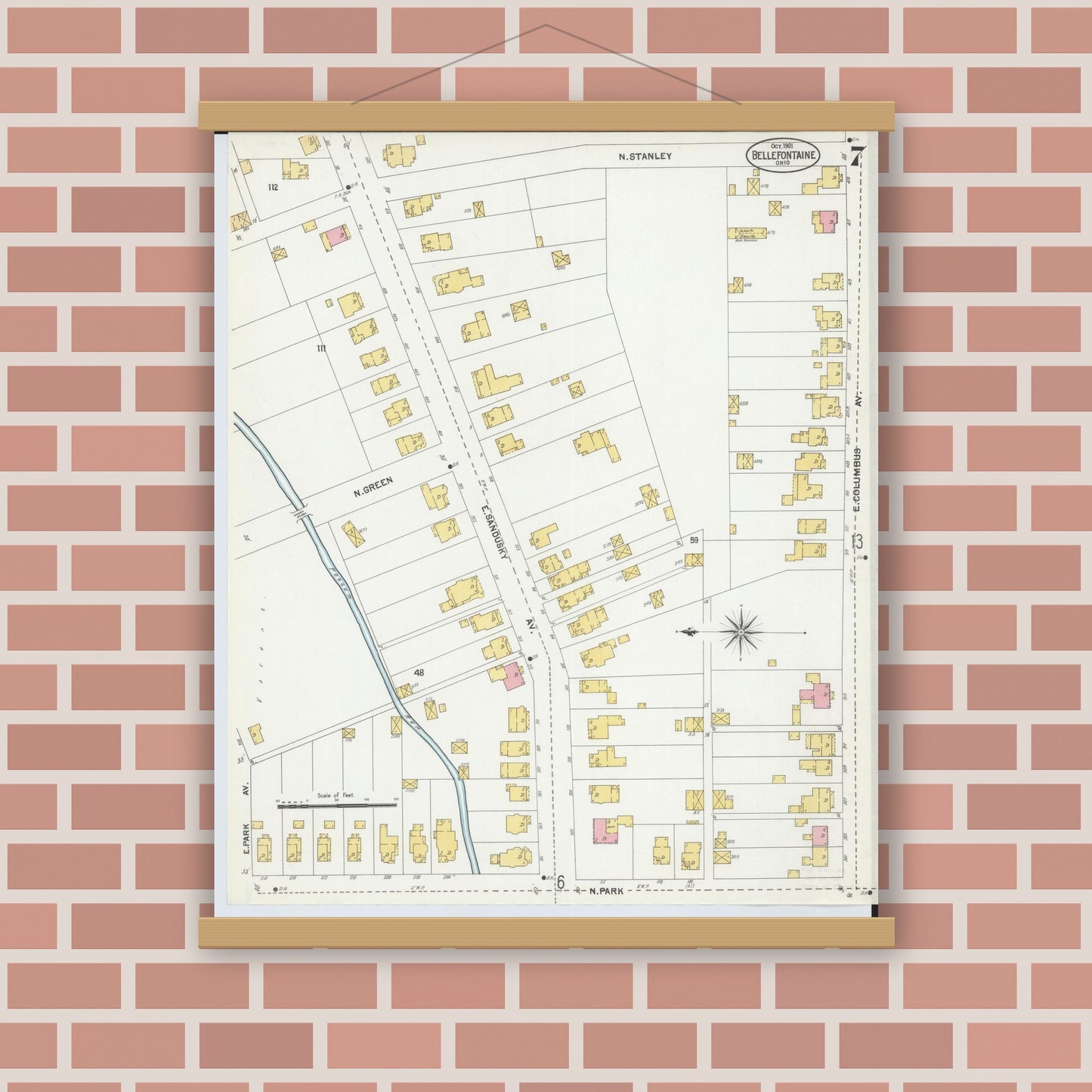 Old map wall art mockup — magnetic wood frame on brick wall — Sanborn Fire Insurance Map from Bellefontaine, Logan County, Ohio (1901), Sheet #0007